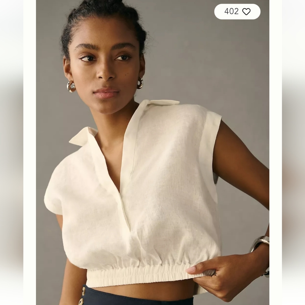 Anthropologie cropped linen pullover blouse